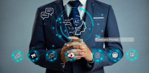 Poster - Business and Technology. Businessman on dark background, white digital and interface icon.