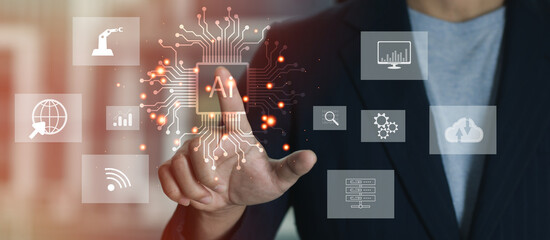 Poster - Businessman pressing AI button on hologram virtual screen. Digital transformation technology strategy, IoT, internet of things.