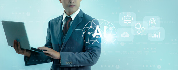 Fototapete - Digital transformation technology, IoT, internet of things. Businessman holding computer laptop with DIgital icons on virtual screen. 