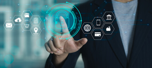 Poster - Businessman fingerprint touching on virtual lock icon to connecting with internet of things. Technology and business concept.