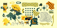 Contemporary Digital Collage Art. Modern Anti-design. Chaos Abstraction, Geometry And Sunflowers