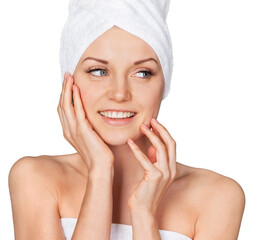 Wall Mural - Portrait of beautiful young woman  in white towel on head on white background