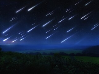 Meteor shower at night over the valley and fields. Beautiful landscape with falling stars. Glowing meteor trails.