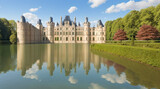 Fototapeta Las -  Illustration of a French Renaissance style Chateau by the lake on a spring day - AI Generated