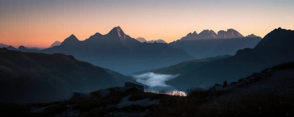 French Alps' Lac de Peyre mountains are illuminated by the first light of day. Mountain ranges at dawn's blue hour - Generative AI