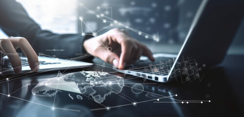 Poster - Global trade, online marketing, connections to networks, and the idea of digital technology. entrepreneur with a global network and a digital marketing strategy banking and finance. Generative AI