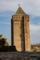 Wall Mural - Vertical shot of a medieval Bac fortress illuminated by sun rays in Bac, Serbia