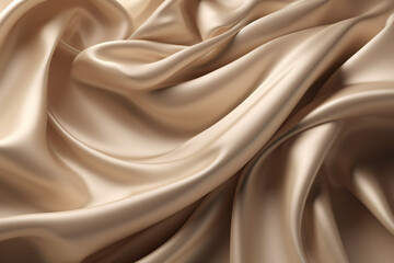 Beige color silk. Luxury satin. Elegant background for design. Creases in fabric. Shiny smooth silky surface. Generative AI.