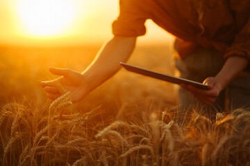 A peasant woman with a tablet checks the growth progress of a wheat field. Smart farming and digital farming. Quality checking.