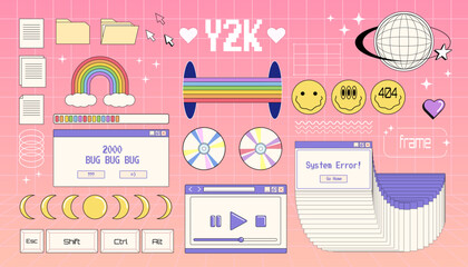 Poster - Set of Y2K elements, group of vector objects in Y2K style, nostalgic illustrations, technologic objects, computer windows.