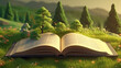 Open book with magical green tree and nature background. Generative AI.