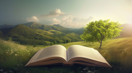 Open book with magical green tree and nature background. Generative AI.