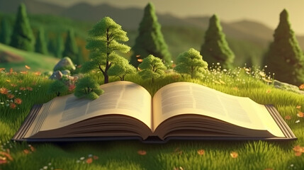 Open book with magical green tree and nature background. Generative AI.