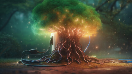 Wall Mural - Beautiful illustration of the symbolic magic tree of life.The EV charging station explodes with colorful tree roots. Generative AI.