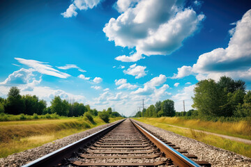 Forest trees along a railroad on an summer afternoon. Train tracks travel concept landscape background. Generative AI.