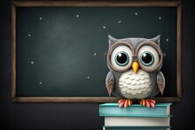 Smart Owl Cartoon Holding Chalkboard Banner With Copy Space, Generative Ai