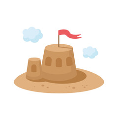 Wall Mural - Cartoon sand castle with red flag. Flat design. Kids vector illustration isolated on white background. Beach icon, summer vacation concept.