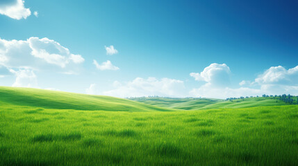 Wall Mural - Green grass field on small hills and blue sky with clouds. Summer spring landscape background. Generative AI.