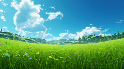 Wall Mural - Green grass field on small hills and blue sky with clouds. Summer spring landscape background. Generative AI.