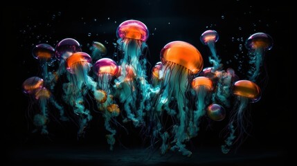 Wall Mural - Neon Jellyfish & Bubbles: Tim Walker's Otherworldly Photography Captures a Captivating Cosmic Underwater Fantasy in Vivid Colors & Motio, Generative ai