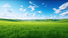 Green Grass Field On Small Hills And Blue Sky With Clouds. Summer Spring Landscape Background. Generative AI.