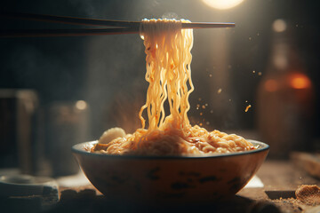 Canvas Print - ramen noodle lifted up by chopsticks with steam. ai generative