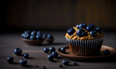 Wall Mural - A delicious blueberry muffin fresh from the oven, with golden-brown crust and moist interior, topped with a sprinkle of coarse sugar and plump blueberries, served on a rustic wooden plate