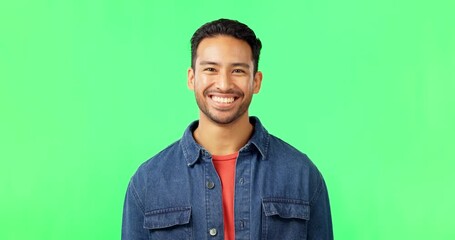 Sticker - Man, laughing and portrait on green screen in studio with space for comic joke and funny emoji. Face of asian male model person laugh for happiness or positive mindset on chroma key background