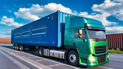 Wall Mural - A futuristic container cargo truck navigates a busy city, highlighting advanced transportation solutions.