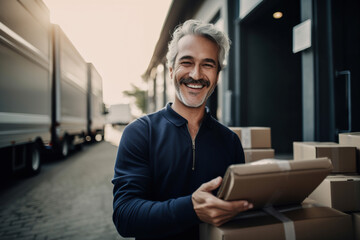 Portrait of smiling mature man holding box and looking at camera while standing outside warehouse. Generative AI