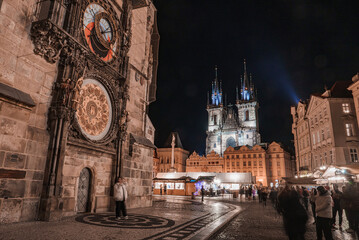 Wall Mural - The old town square of Prague - one of the main touristic spots in the city. The gothic Church of Our Lady, unique architecture and astronomical clock.
