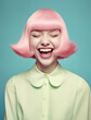© Uncanny Valley - Portrait of a young beautiful happy girl with pastel pink hair on a pastel blue background. Generative AI.