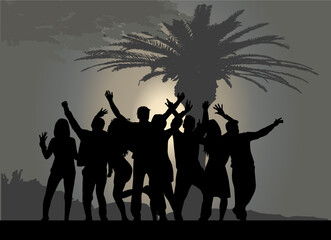 Wall Mural - Dancing silhouettes of people under the palm trees.	