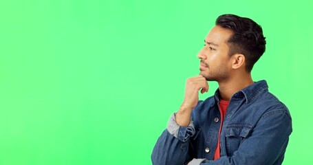 Leinwandbilder - Thinking, idea and man in green screen studio unsure, pensive and confused on mockup background. Doubt, face and puzzled asian guy with decision, choice or isolated problem solving emoji