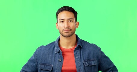 Leinwandbilder - Man, doubt face and shaking head with green screen feeling upset and frustrated from problem and issue. No, serious and male model with isolated studio background with negative decision and choice