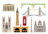 Fototapeta Londyn - London Landmarks Set. Tower Bridge, Big Ben, St Pauls Cathedral, Westminster Abbey and British Museum. Popular tourist locations of UK. Cartoon flat vector collection isolated on white background