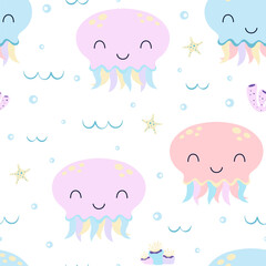 Wall Mural - vector seamless pattern with jellyfishes and seaweed