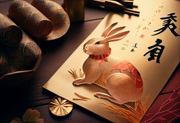 Japanese New Year themed material featuring a zodiac rabbit giving New Year's greetings. Generative AI