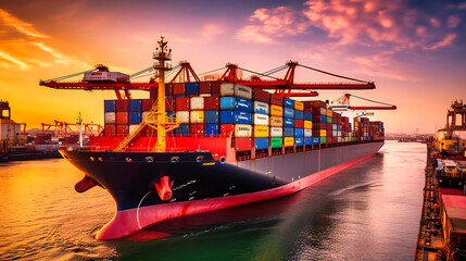 Wall Mural - An industrial freight ship unloading containers during a stunning golden sunset in a bustling harbor.