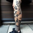A Japanese-Inspired Floral Leg Tattoo in Woodblock Style