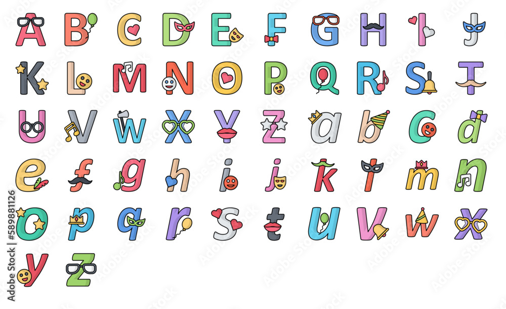 Alphabet Color Line Icons ABC Letter School Education Icon Set in ...