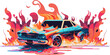 Beautiful retro car burns after vandal attack. Vector art. Generative AI technology.