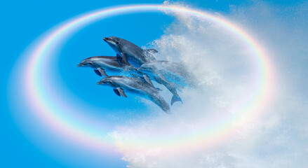 Wall Mural - Group of dolphins jumping on the water - Beautiful seascape 