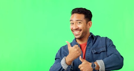 Poster - Asian man, pointing and dancing on green screen in marketing or advertisement against studio background. Portrait of happy male showing gesture or point for advertising or product placement on mockup