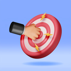 Poster - 3D Target with Hand in Center Icon Isolated on White. Render Dartboard with Knuckle. Goal Setting. Smart Goal. Business or Finance Target Concept. Achievement and Success. Vector Illustration