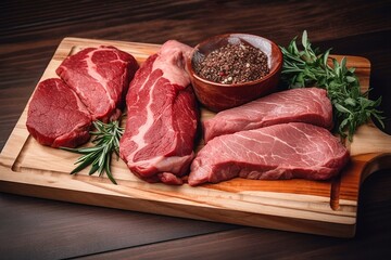 Beef meat on a wood board close-up. Raw red meat on dark wooden table. Pork steak with rosemary sprig and spices, rustic style. Image is AI generated.