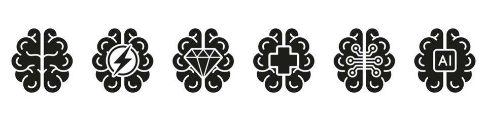 Poster - Human Brain AI Concept Black Silhouette Icon Set. Human Mind, Brainstorm, Stress Solid Symbol on White Background. Artificial Intelligence Glyph Sign. Isolated Vector Illustration