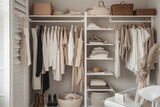 Fototapeta Mapy - Fresh and organized closet, with clean lines, minimalist colors, and neatly arranged clothes and accessories created with AI