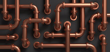 Copper Pipe Maze On A Black Wall. Steampunk Style Background. 3D Rendered Image.