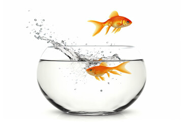 Wall Mural - Goldfish jumping from fishtank with water splash isolated on white background. Generative AI